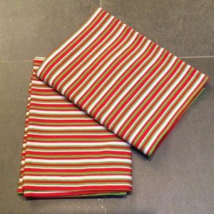 Two red, green and white striped cotton dish towels by Crate and Barrel